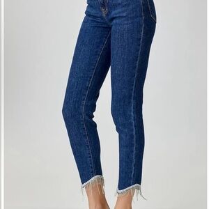 Risen Embellished Mid Rise Crop Skinny Blue Denim Women's Jeans Fringe Hem S 26
